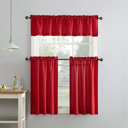 No. 918 Martine Microfiber Semi-Sheer Rod Pocket Kitchen Curtain Valance and Tiers Set, 54" x 24", Red in Saudi Arabia