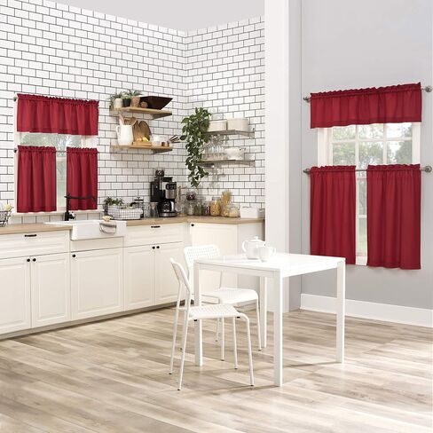 No. 918 Martine Microfiber Semi-Sheer Rod Pocket Kitchen Curtain Valance and Tiers Set, 54" x 24", Red in Saudi Arabia