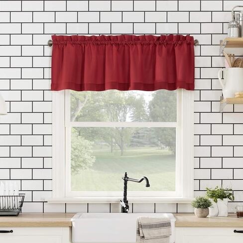 No. 918 Martine Microfiber Semi-Sheer Rod Pocket Kitchen Curtain Valance and Tiers Set, 54" x 24", Red in Saudi Arabia
