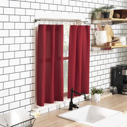 No. 918 Martine Microfiber Semi-Sheer Rod Pocket Kitchen Curtain Valance and Tiers Set, 54" x 24", Red in Saudi Arabia