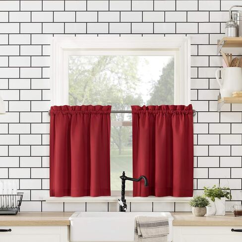 No. 918 Martine Microfiber Semi-Sheer Rod Pocket Kitchen Curtain Valance and Tiers Set, 54" x 24", Red in Saudi Arabia