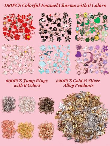 1100 قطعة من سحر متنوعة لصنع المجوهرات من Kalolary، سوار من المينا الملونة، حلية معدنية، حلية من المينا مطلية بالفضة والذهب، للأقراط، القلادة، السوار، المعلقات، صناعة يدوية in Kuwait