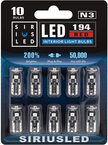 SIRIUSLED -N3- مصابيح LED حمراء 194 لمبات LED ساطعة للغاية 3030 شريحة لشاحنة السيارة، خريطة القبة الداخلية للباب، أضواء لوحة الترخيص، إسفين مدمج T10 168 2825، حزمة من 10 in Saudi Arabia