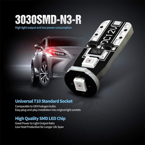 SIRIUSLED -N3- مصابيح LED حمراء 194 لمبات LED ساطعة للغاية 3030 شريحة لشاحنة السيارة، خريطة القبة الداخلية للباب، أضواء لوحة الترخيص، إسفين مدمج T10 168 2825، حزمة من 10 in Saudi Arabia