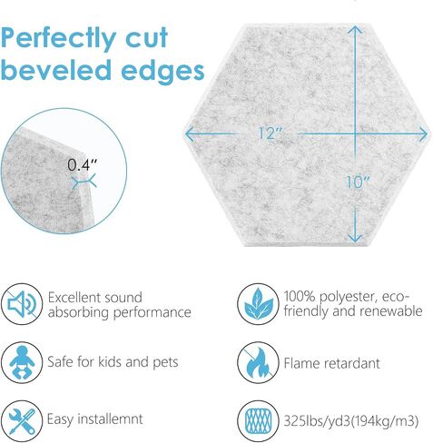 High Density 325lbs/yd3 Hexagon Design Gray Acoustic Panels - 12 Packs 12"x10"x0.38" Decorative Wall Panels for Noise Reduction and Echo Control - Easy Installment Dot gule Included in Saudi Arabia