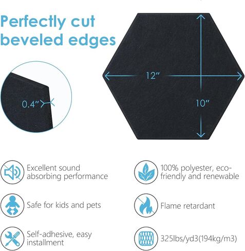 High Density 325lbs/yd3 Hexagon Design Gray Acoustic Panels - 12 Packs 12"x10"x0.38" Decorative Wall Panels for Noise Reduction and Echo Control - Easy Installment Dot gule Included in Saudi Arabia