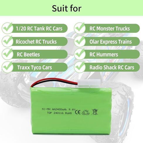 9.6V 2400mAh NiMH Battery - RC Car Rechargeable Battery AA with Tamiya KET-2P Plug and USB Charge Cable for RC Car Spare Part RC Tank Boat Batteries in Kuwait