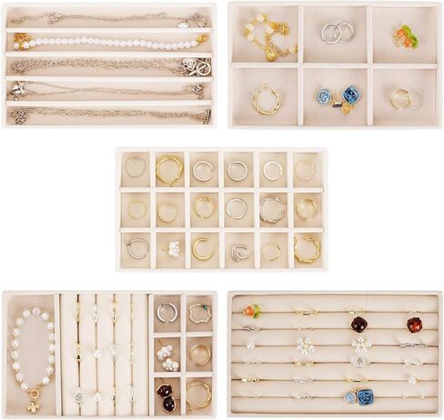 مجموعة من 5 صواني مجوهرات، منظم مجوهرات قابل للتكديس لتخزين الأقراط والخواتم والقلادة وإكسسوارات السوار مع مقسم قابل للإزالة، بيج in Kuwait