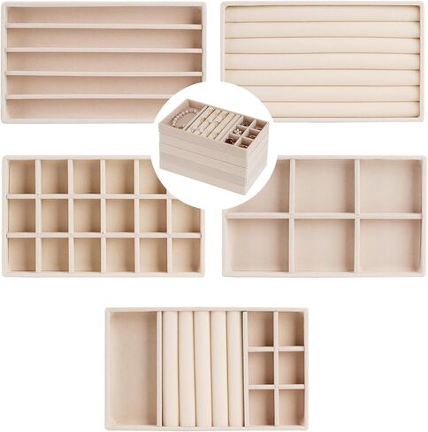 مجموعة من 5 صواني مجوهرات، منظم مجوهرات قابل للتكديس لتخزين الأقراط والخواتم والقلادة وإكسسوارات السوار مع مقسم قابل للإزالة، بيج in Kuwait