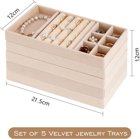 مجموعة من 5 صواني مجوهرات، منظم مجوهرات قابل للتكديس لتخزين الأقراط والخواتم والقلادة وإكسسوارات السوار مع مقسم قابل للإزالة، بيج in Kuwait