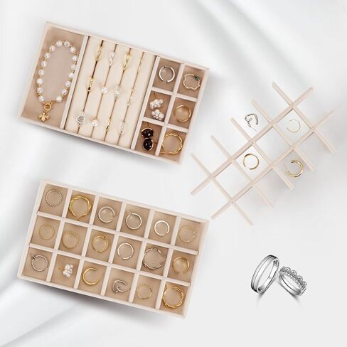 مجموعة من 5 صواني مجوهرات، منظم مجوهرات قابل للتكديس لتخزين الأقراط والخواتم والقلادة وإكسسوارات السوار مع مقسم قابل للإزالة، بيج in Kuwait