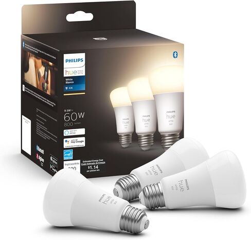لمبة Philips Hue Smart 60W A19 LED - أبيض - 3 عبوات - 800LM - E26 - داخلي - تحكم مع تطبيق Hue - متوافق مع Alexa وGoogle Assistant وApple Homekit in Kuwait