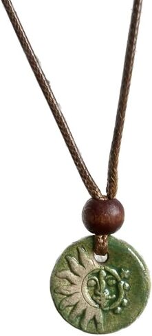 The Sun and the Moon - Green Handmade Ceramic Pendant Necklace, Adjustable Cord, for Unisex, Women, Men, Bohemian, Rustic, Vintage Style Jewelry in Saudi Arabia