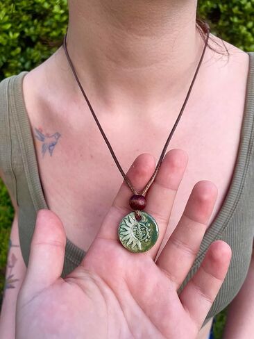 The Sun and the Moon - Green Handmade Ceramic Pendant Necklace, Adjustable Cord, for Unisex, Women, Men, Bohemian, Rustic, Vintage Style Jewelry in Saudi Arabia