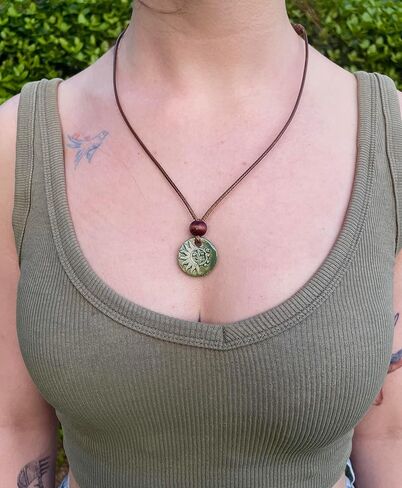 The Sun and the Moon - Green Handmade Ceramic Pendant Necklace, Adjustable Cord, for Unisex, Women, Men, Bohemian, Rustic, Vintage Style Jewelry in Saudi Arabia