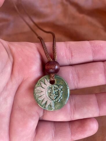 The Sun and the Moon - Green Handmade Ceramic Pendant Necklace, Adjustable Cord, for Unisex, Women, Men, Bohemian, Rustic, Vintage Style Jewelry in Saudi Arabia