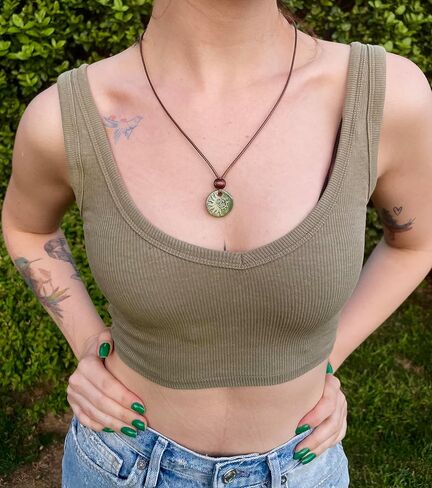 The Sun and the Moon - Green Handmade Ceramic Pendant Necklace, Adjustable Cord, for Unisex, Women, Men, Bohemian, Rustic, Vintage Style Jewelry in Saudi Arabia