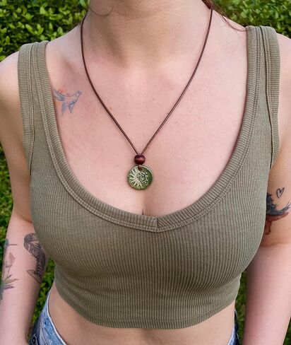 The Sun and the Moon - Green Handmade Ceramic Pendant Necklace, Adjustable Cord, for Unisex, Women, Men, Bohemian, Rustic, Vintage Style Jewelry in Saudi Arabia