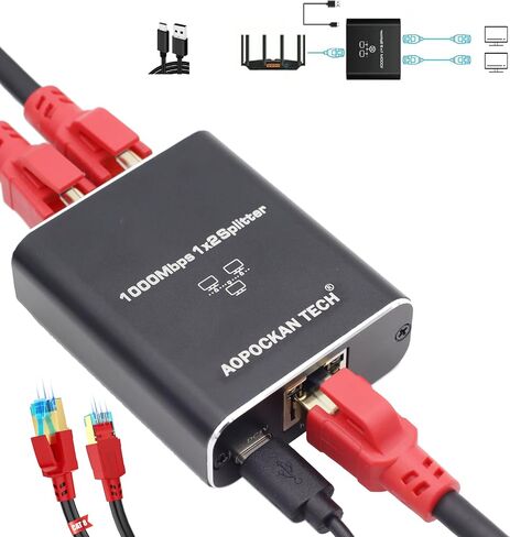 Ethernet Splitter 1 to 2,Gigabit Ethernet Splitter 1000Mbps High Speed with Cat8 Ethernet Cable 1.5ft,LAN RJ45 Splitter with USB Power Cable for Cat5/6/7/8 Cable[2 Devices Simultaneously Networking] in Saudi Arabia