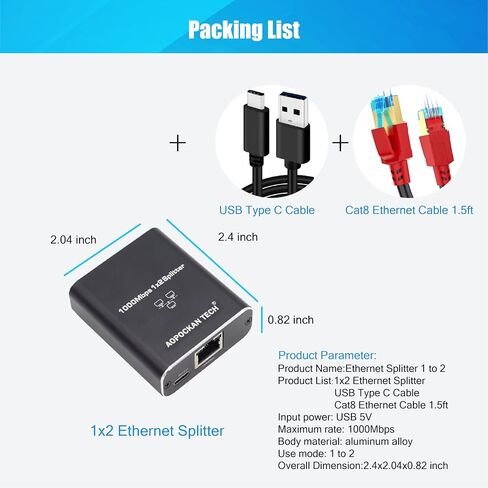 Ethernet Splitter 1 to 2,Gigabit Ethernet Splitter 1000Mbps High Speed with Cat8 Ethernet Cable 1.5ft,LAN RJ45 Splitter with USB Power Cable for Cat5/6/7/8 Cable[2 Devices Simultaneously Networking] in Saudi Arabia