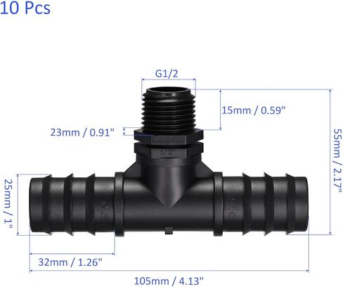 10 قطع من تركيبات تي بارب - 24.5 ملم وصلات خرطوم تي شيرت شائك 3 طرق تنطبق على الحديقة، أسود (خيط ذكر G1/2) in Kuwait