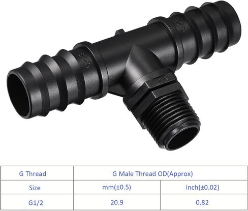 10 قطع من تركيبات تي بارب - 24.5 ملم وصلات خرطوم تي شيرت شائك 3 طرق تنطبق على الحديقة، أسود (خيط ذكر G1/2) in Kuwait