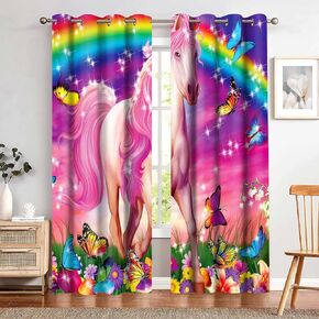 Dreamy Horse Pink Curtains Gorgeous Rainbow Fairy Tale Colorful Butterfly Print Blackout Window Drapes Room Darkening for Girls Bedroom Living Room Window Treatments 2 Panel 42x84inch CLZYMS24