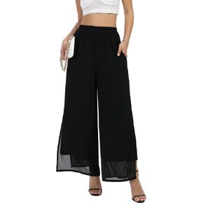 Women's Wide Leg Chiffon Dress Palazzo Pants Casual Split Hem Summer Trousers Party Club Pant