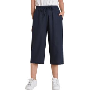 Weintee Women's Petite Linen Capris Wide Leg Cropped Pants with Pockets