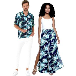 Matchable Couple Hawaiian Luau Shirt or Wide Legged Pants in Orchid Breeze Navy