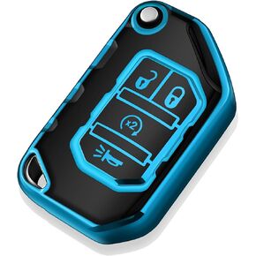 Tukellen for Jeep Key Fob Cover Soft TPU Full Protection Key Shell Key Case Compatible with 2018-2022 Jeep Wrangler JL JLU Gladiator Flip 4 Button (Blue)