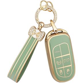 PIFOOG Key Fob Cover for Chevy 5 Buttons Keys Shell Case TPU Bling Car Keychain Protector Accessories for Equinox Malibu Blazer Camaro Spark Traverse Trax Green Gold Women Men Cute