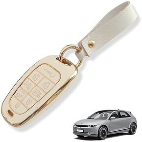 BestEvMod Vegan Leather Key Fob Cover Compatible with Hyundai Ioniq 5 2022-2024 Accessories Key Shells with Keychain Vegan Leather All-Around Protection Remote Key Case (6 Button, Black-Leather)