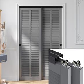 EaseLife 5FT/60in Bypass Double Sliding Pocket Door Hardware Kit,Commercial Grade,Aluminum,Bypassing Wardrobe Closet Door Track for 2 Door System,Slide Smoothly Quietly,Easy Install,Black,No Door