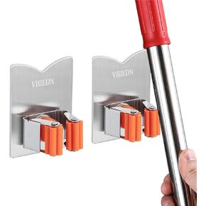 Broom and Mop Holder Wall Mounted, Stainless Steel Self Adhesive Single Broom Hanger Hook, Heavy Duty Organizer Rack, V-Shape Orange, 4 Pack