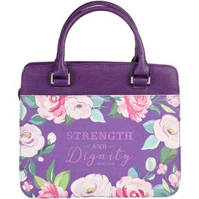 Christian Art Gifts Fashion Vegan Leather Purse Style Bible Cover for Women: Strength & Dignity Gold Inspirational Bible Verse, Sturdy Easy Carry Handles, Pen Loop, Slip Pockets, Purple Floral, Medium in Kuwait