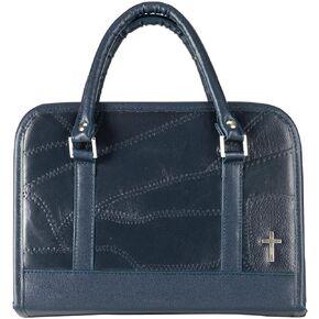 Patchwork Dark Navy Blue Large Print Genuine Leather Bible Cover with Handle