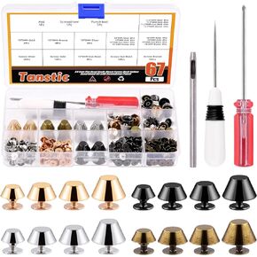 131Pcs(64 Sets) 4 Sizes Flat Head Studs Rivet Set, Including 10mm 11.5mm 13mm 15mm 4 Colors Purse Handbag Feet Studs Rivets Cone Screw Back Rivets Cone Spike Rivets with Tools
