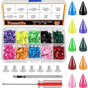Tanstic 152Pcs Metal Spikes and Studs Kit, 7 x 14mm 10 Colors Bullet Cone Spikes Screw Back Studs Spikes Leather Punk Spikes with Installation Tools for Clothing Shoes Belts Leather Craft, T-1488