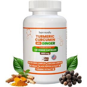 Turmeric Curcumin Supplement with Ginger and Black Pepper Complex 5 in 1 Formula, Curcuma Longa, Extra Strength, Max Absorption Joint Support, 1000 mg, 120 Herbal Extract Capsules