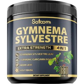 Satoomi Pure Gymnema Sylvestre Capsules Extract - 180 Capsules of 6 Month - Blended with Neem Leaf, Holy Basil & Turmeric Curcumin Root