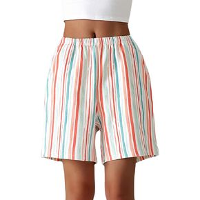 Women Printed Cotton Pajamas Bottoms Y2K Lounge Sleep Shorts Cute Comfy Soft Elastic Waist Striped Shorts with pockets