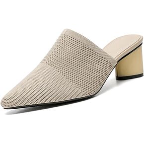 Women’s Knit Closed Pointed Toe Chunky Heel Mules Fashion Mesh Breathable Low block Heel Pump Sandals Comfortable Slip On Dress Party Shoes
