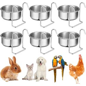 Layhit 6 Pcs 10 oz Stainless Steel Coop Cup with Hanger, Kennel Pet Hanging Bowl None Spill Dog Crate Water Bowl Kennel Dog Rabbit Food Dish for Cage Cats Birds Chicken Reptiles