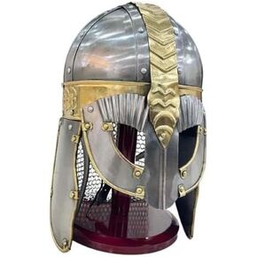 Medieval Armor Viking Mask Helmet with Chainmail with Wooden Helmet Display Stand Rustic Vintage Home Decor Gifts