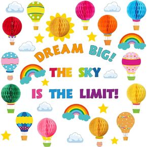 Funrous 82 Pcs Colorful 3D Hot Air Balloon Honeycomb Bulletin Board Set Hot Air Balloon Cloud Rainbow Sun Cutouts Honeycomb Bulletin Board for Preschool Kindergarten Back to School Classroom Supplies