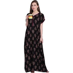 Women's Alpine Botanical Leaves Print Maxi Nightgown with Pocket…
