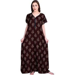 Women's Alpine Botanical Leaves Print Maxi Nightgown with Pocket…