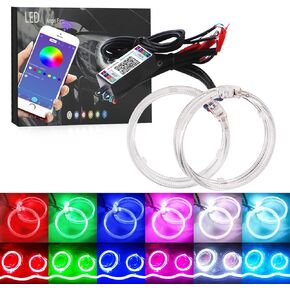 Qasim 90MM RGB Bluetooth APP Control Angel Eyes Guide Optic Halo Rings DRL Decorative Day Light Signal Light Accessories for Car Motorcycle Projector Lens,1set