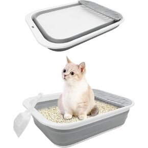 Cat Litter Tray with Scoop and Scatter, Sturdy Easy to Clean Open Air Kitty Litter Pan with Tall Spray and Scatter Foldable Litter Box Secure and Odor Litter Box (Grey)
